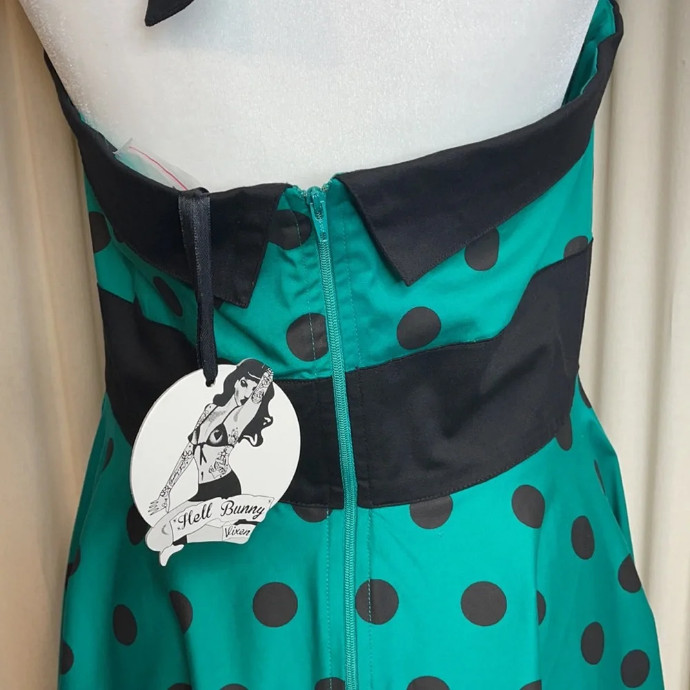 πHPπNWT- HELL BUNNY VIXEN GREEN & BLACK HALTER PINUP DRESS SIZE LARGE - Picture 5 of 15